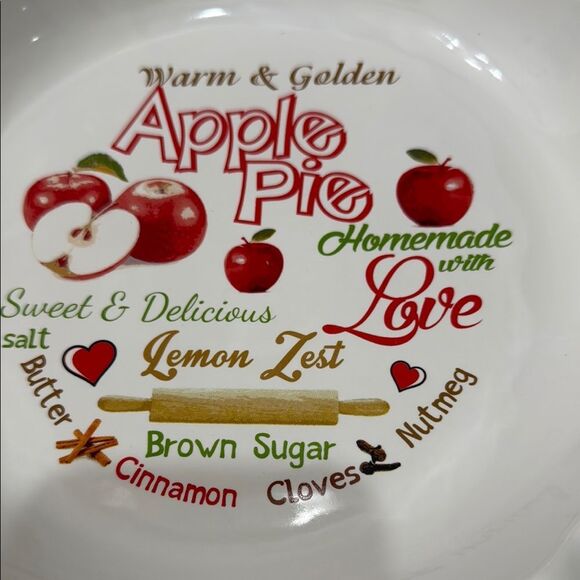 Apple Pie Ceramic Pie Dish 10 X 1 1/2 Inches Warm Golden White Red Fruit - Picture 3 of 5